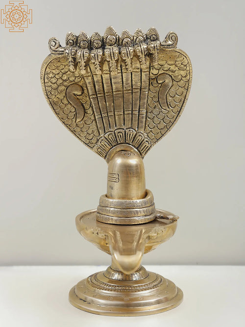 8" Brass Shiva Linga with Seven Headed Snake Idol