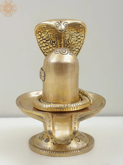 6" Small Brass Shiva Linga with Snake Statue