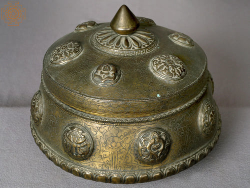 10" Brass Tibetan Tsampa Bowl with Ashtamangala Symbol
