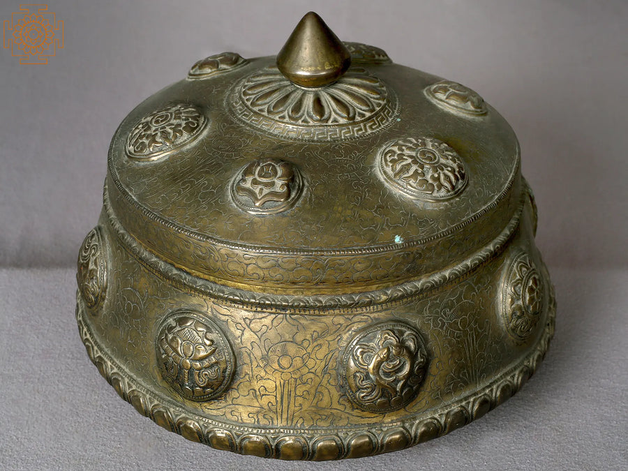 10" Brass Tibetan Tsampa Bowl with Ashtamangala Symbol