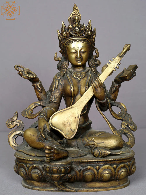 13" Brass Goddess Saraswati Statue for Home Pooja
