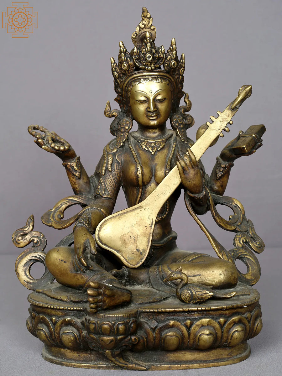 13" Brass Goddess Saraswati Statue for Home Pooja