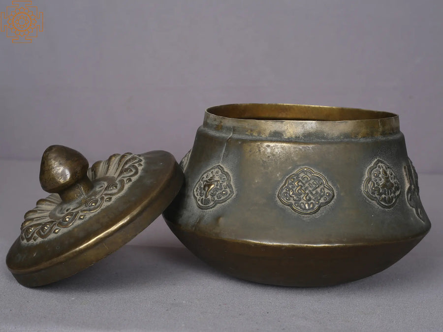7" Brass Ritual Bowl with Ashtamangal from Nepal