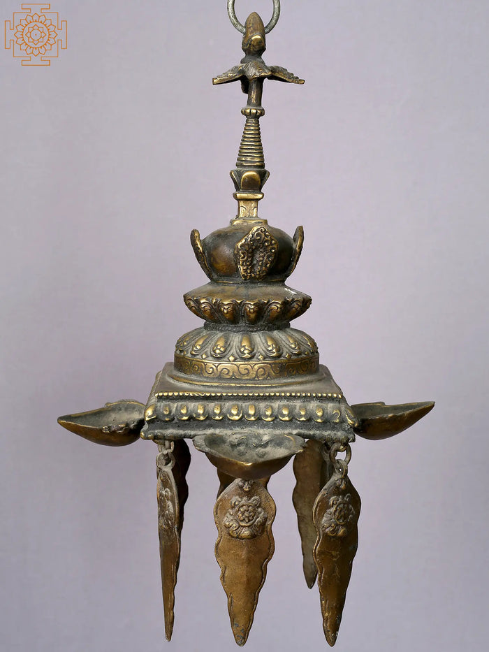 12" Small Hanging Brass Stupa Oil Lamp from Nepal