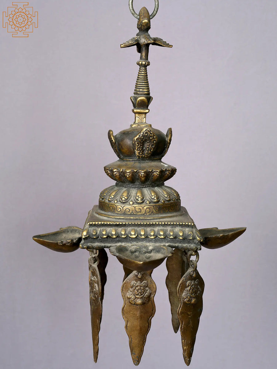 12" Handmade Brass Stupa Oil Lamp Wall Hanging from Nepal