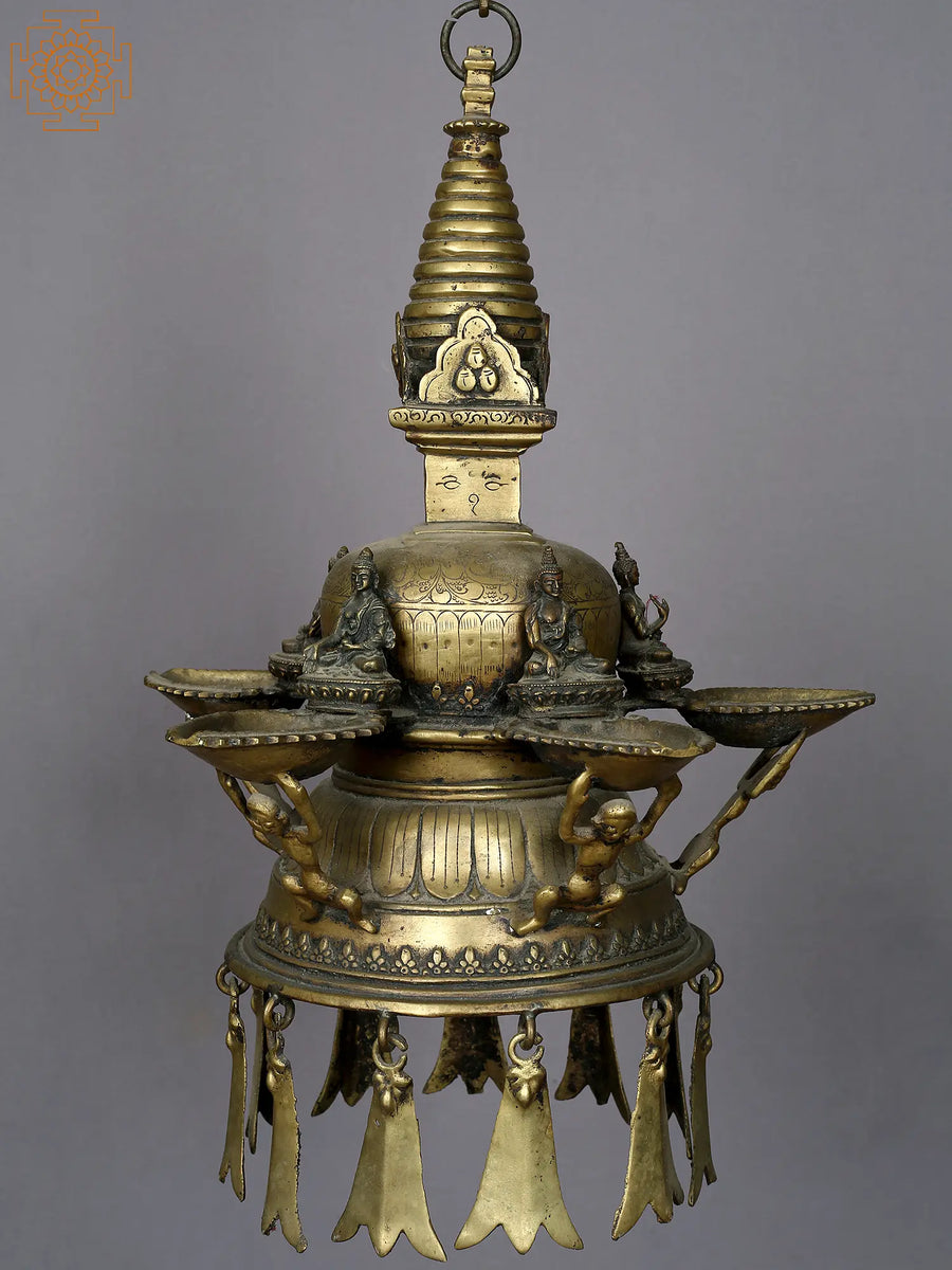 16" Stupa with Five Dhyani Buddha Brass Hanging Lamp