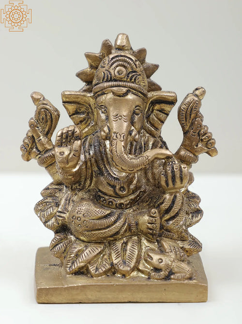 3" Handmade Brass Lord Ganesha Idol Seated on Lotus