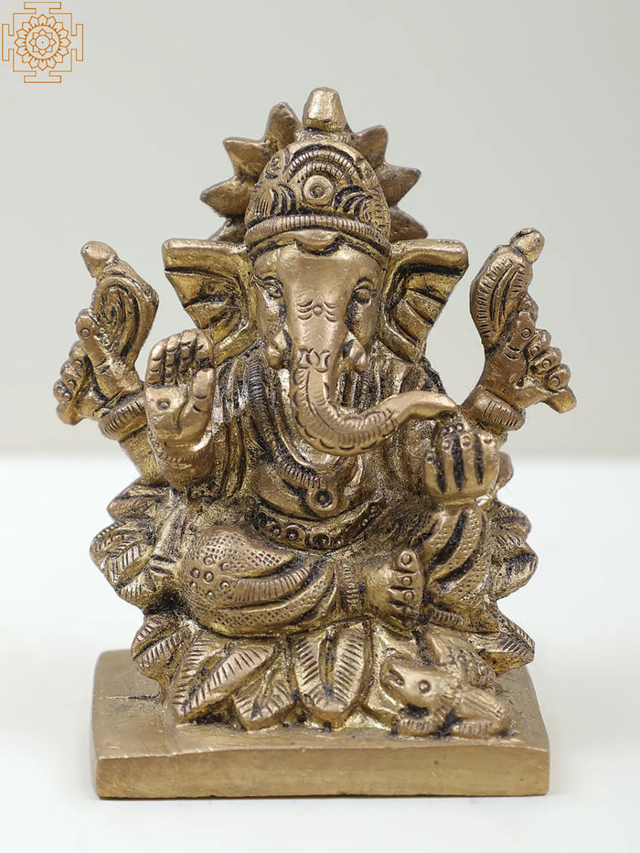 3" Small Brass Lord Ganesha Idol Seated on Lotus | Handmade