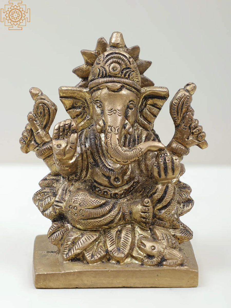 3" Handmade Brass Lord Ganesha Idol Seated on Lotus