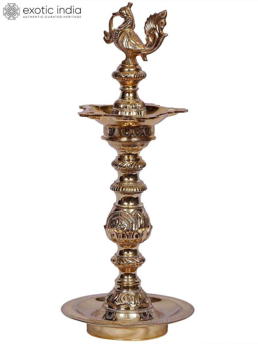 14" Brass Kuthu Vilakku Oil Lamp for Pooja