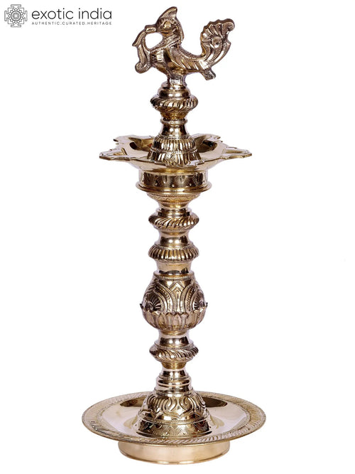 14" Peacock Design Brass Oil Lamp for Home Decor