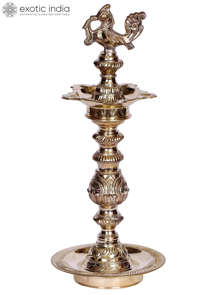 14" Peacock Design Brass Oil Lamp for Home Decor