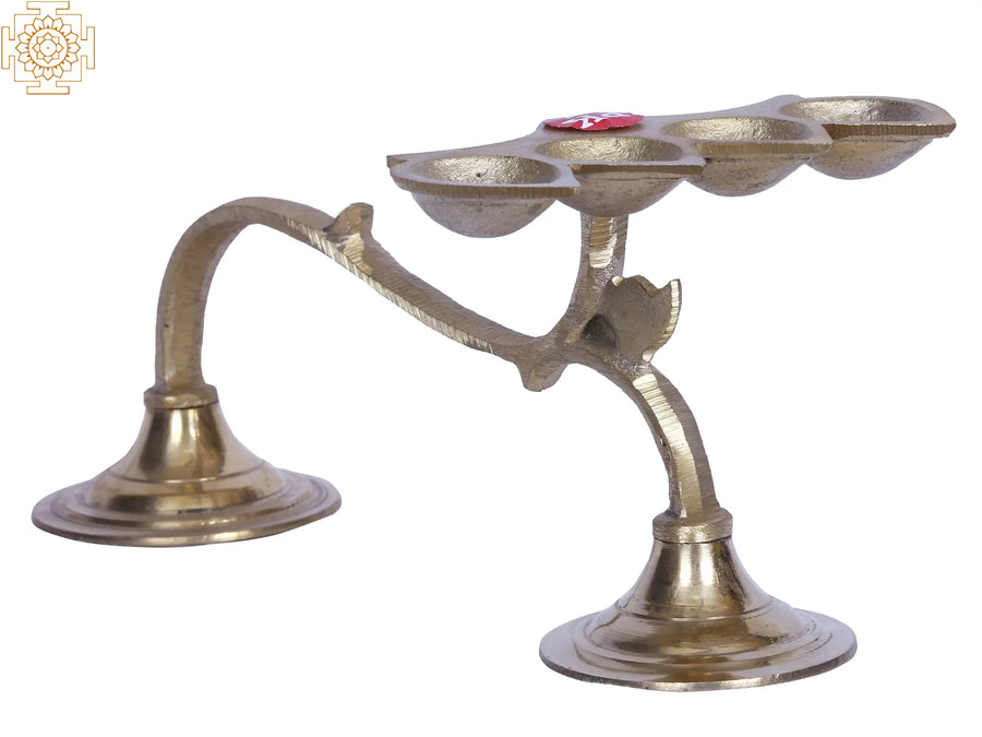 9" Brass Handheld Aarti Diya with Four Wicks for Pooja