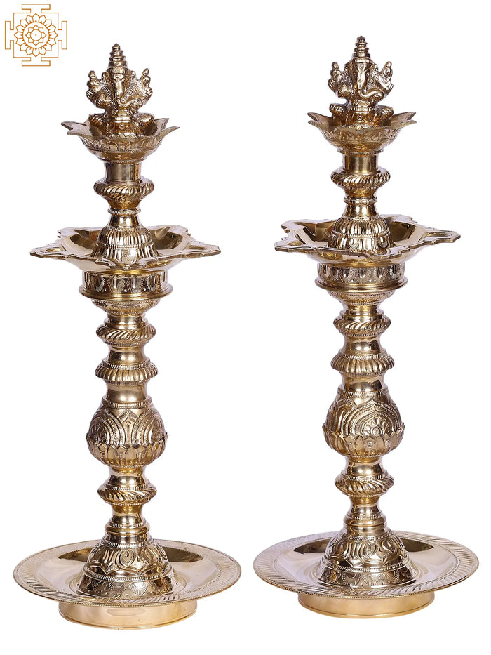 15" Pair of Lord Ganesha Design Oil Lamp