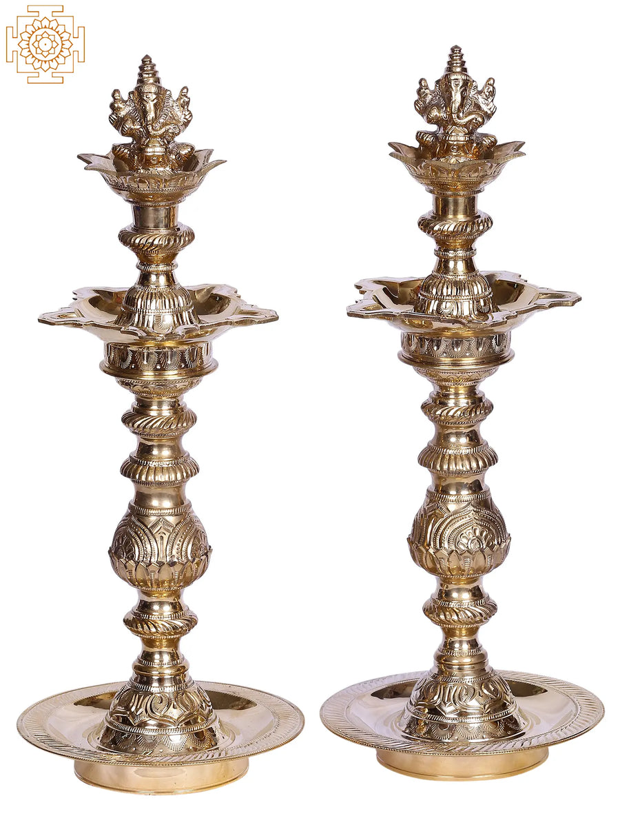 15" Pair of Lord Ganesha Brass Oil Lamps for Pooja