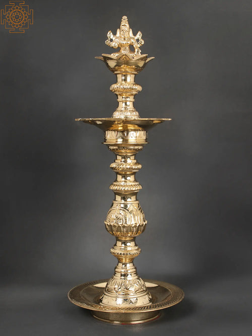 15" Brass Goddess Lakshmi Oil Lamp for Pooja