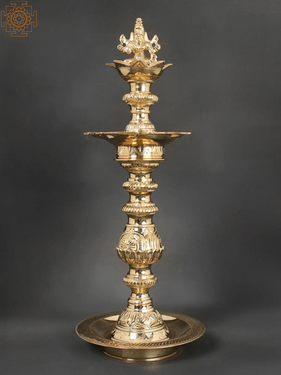 15" Brass Goddess Lakshmi Oil Lamp for Pooja