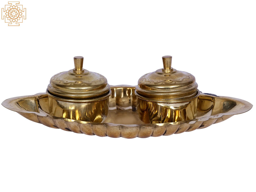 6" Brass Oval Two Bowls with Leaf Plate Statue