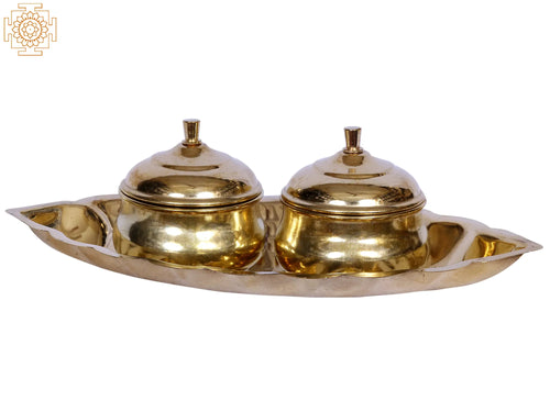 8" Brass Oval Two Bowls with Leaf Plate Serving Set