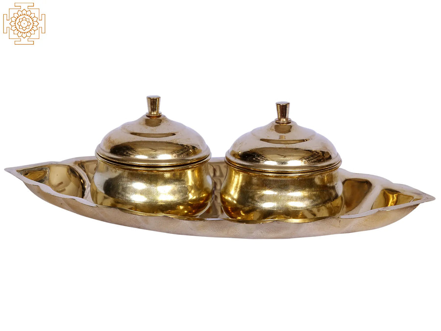 8" Brass Oval Two Bowls with Leaf Plate Serving Set