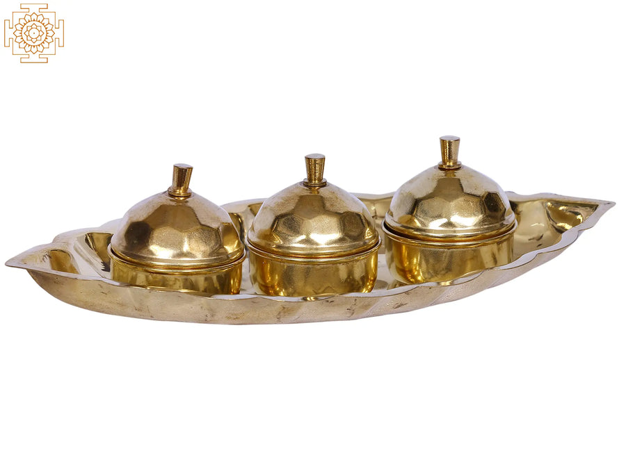 7" Brass Oval Three Bowls With Leaf Plate Serving Set
