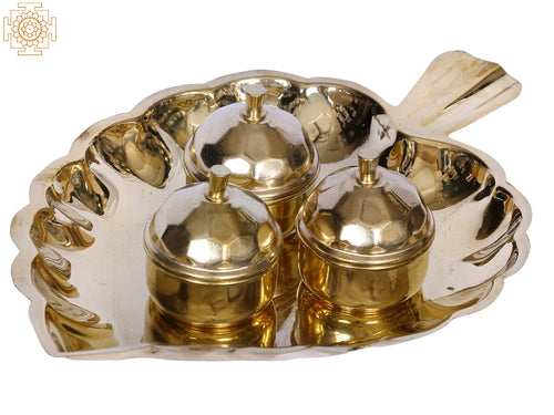 7" Brass Kumkum Three Bowls with Leaf Plate Pooja Set