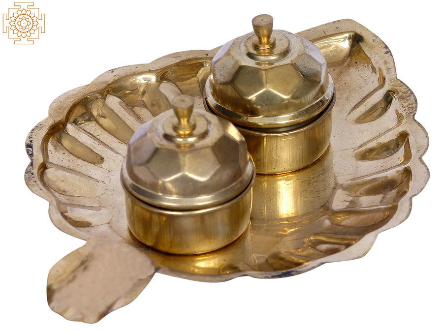 7" Brass Kumkum Two Bowls with Leaf Plate Statue