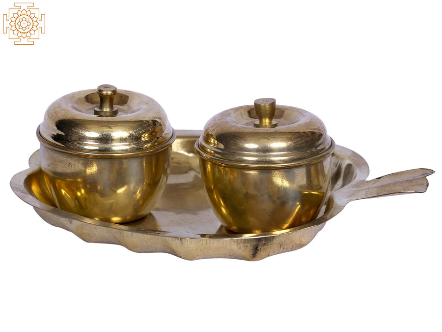 5" Brass Apple Two Bowls with Leaf Plate Statue