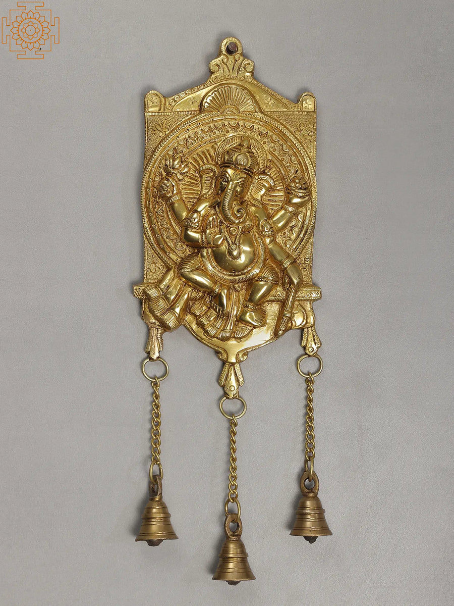 16" Brass Lord Ganesha Wall Hanging with Bells for Pooja