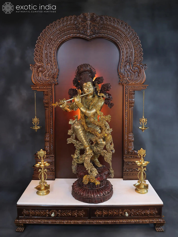 70" Brass Lord Krishna Statue with Wooden Temple Frame and Vaishnav Symbol Lamps