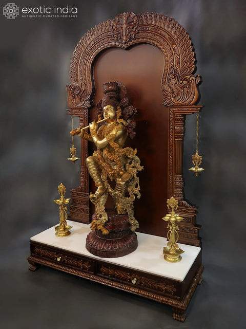 70" Brass Superfine Lord Krishna Statue in Wooden Temple Frame Stand with Vaishnav Symbol Lamps