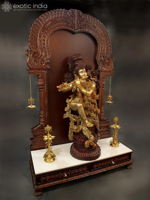 70" Brass Superfine Lord Krishna Statue in Wooden Temple Frame Stand with Vaishnav Symbol Lamps