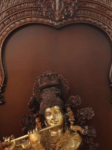 70" Brass Superfine Lord Krishna Statue in Wooden Temple Frame Stand with Vaishnav Symbol Lamps