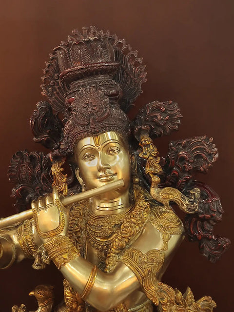 70" Brass Superfine Lord Krishna Statue in Wooden Temple Frame Stand with Vaishnav Symbol Lamps