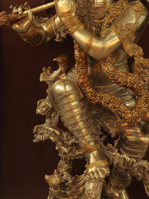 70" Brass Superfine Lord Krishna Statue in Wooden Temple Frame Stand with Vaishnav Symbol Lamps