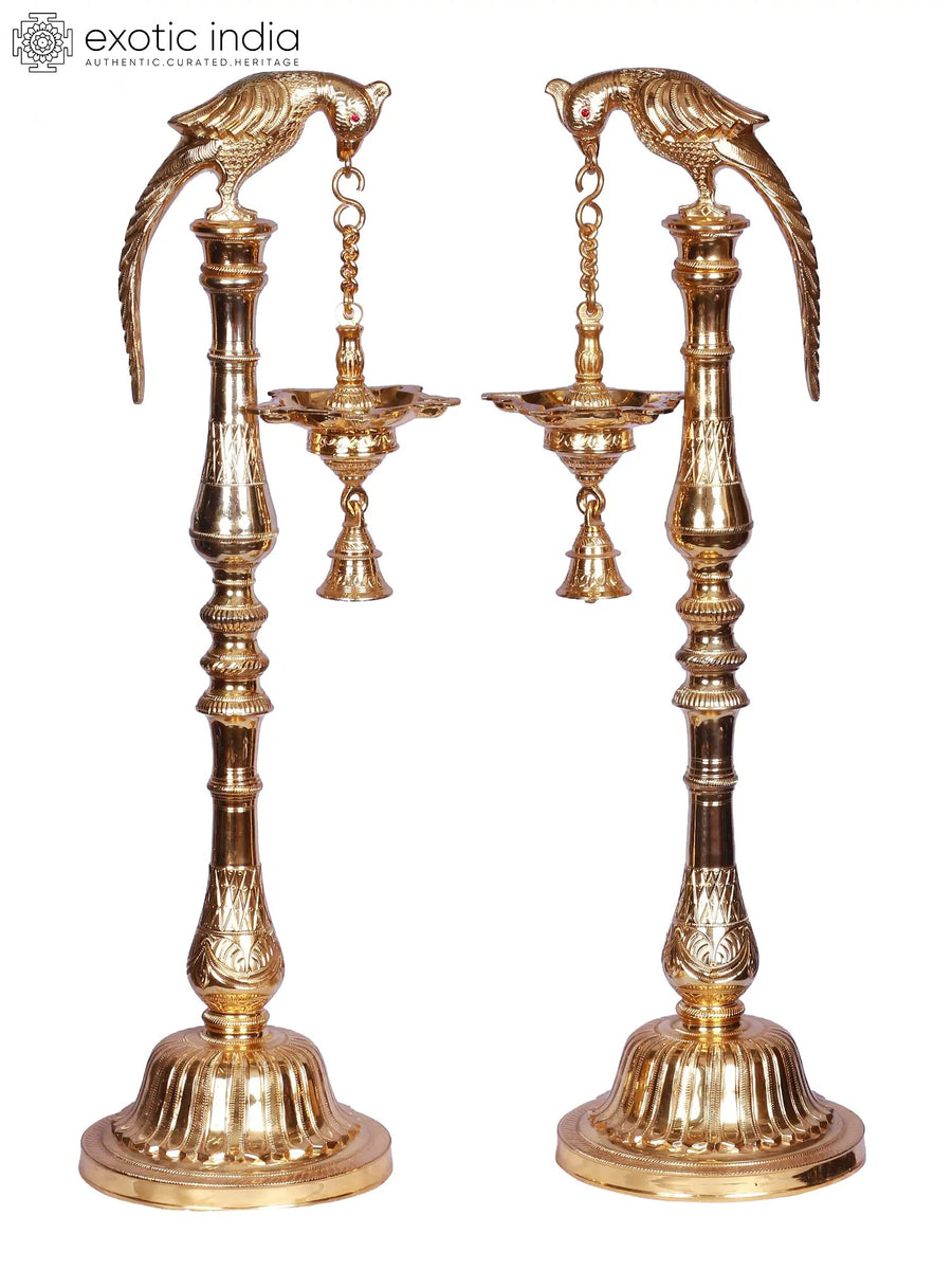 30" Gold Plated Two Parrot Bell Stand Lamp for Home Decor