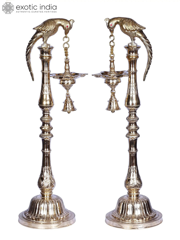 30" Brass Parrot Lamp with Ten Wicks and Bell