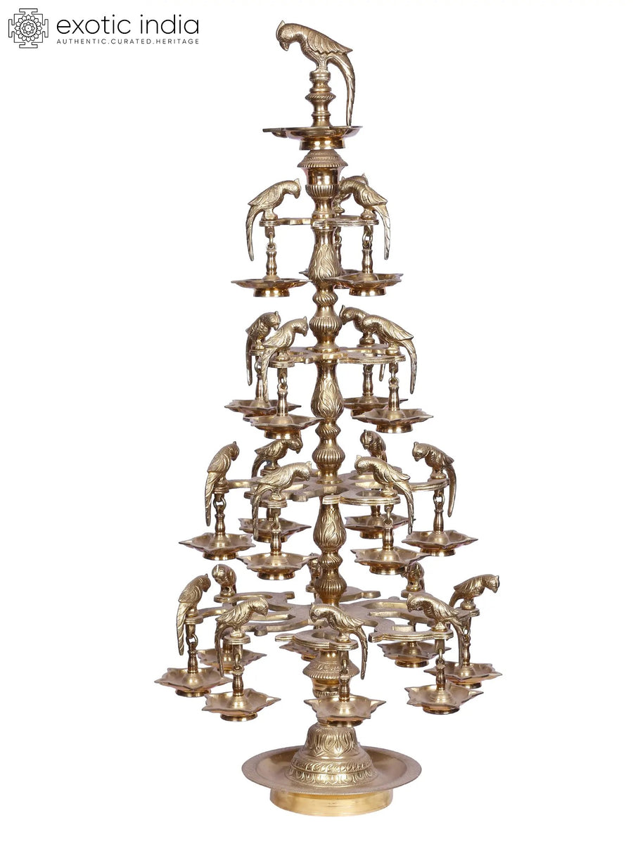 37" Brass Parrot Multilayer Pooja Lamp