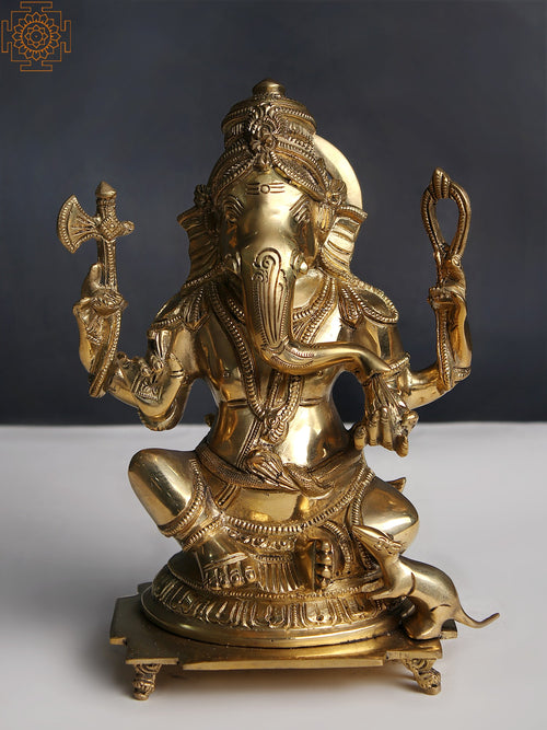 8" Lord Ganesha Seated Brass Statue with Pedestal