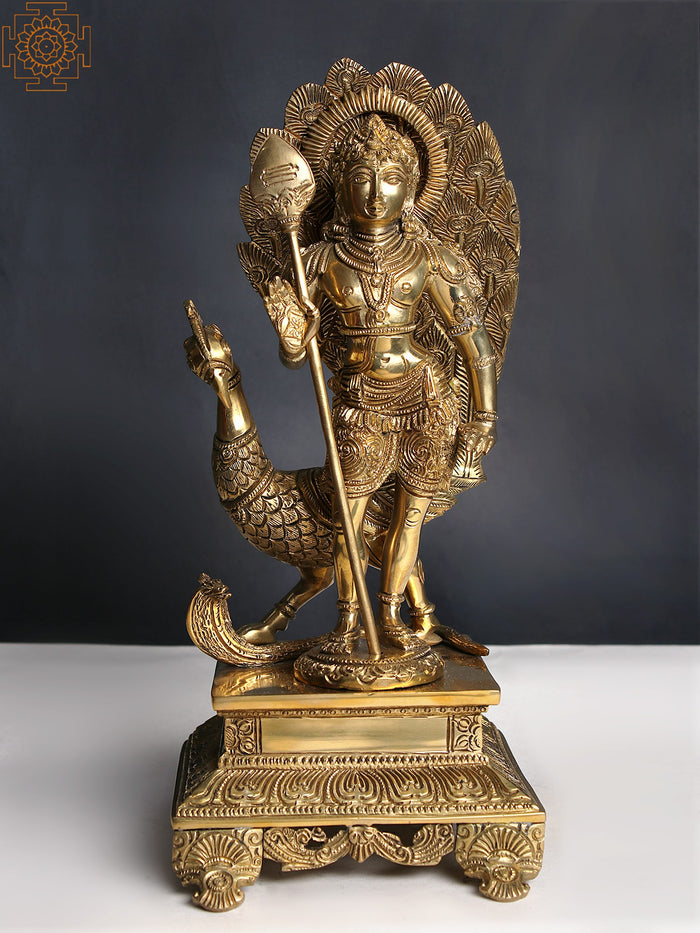 12" Brass Lord Karttikeya Murugan Standing Statue with Peacock