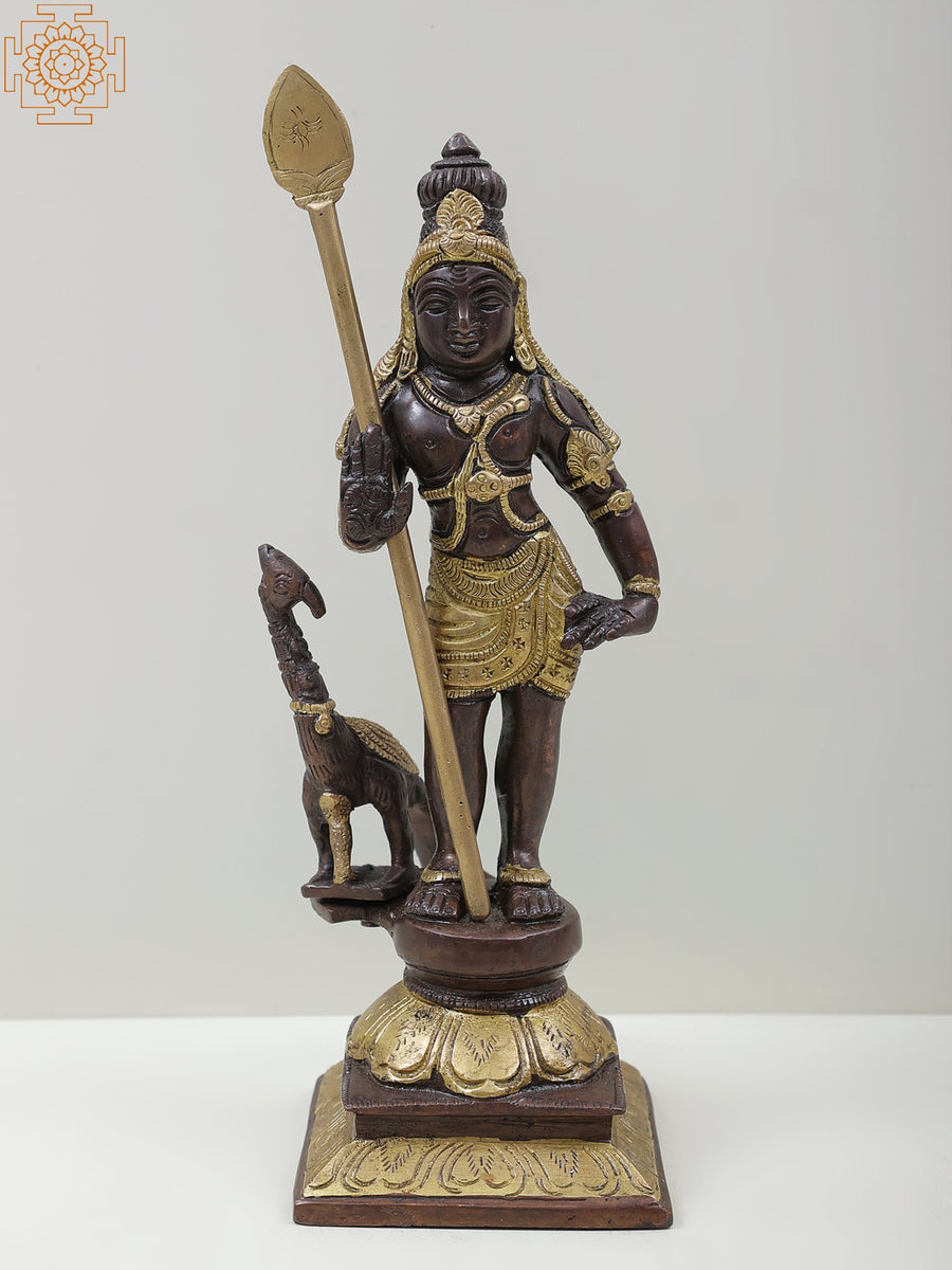 10" Brass Lord Murugan Statue with Peacock for Pooja