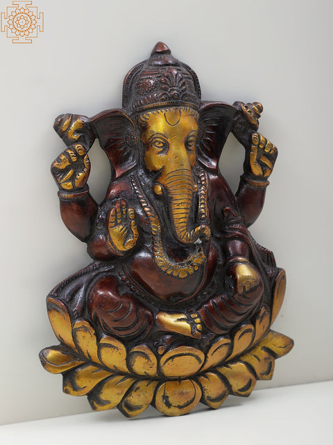 10" Brass Lord Ganesha Seated On Lotus Wall Hanging