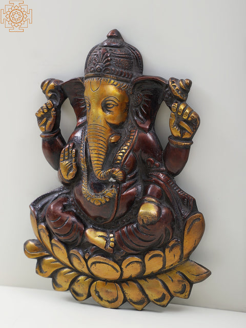 10" Brass Lord Ganesha Seated On Lotus Wall Hanging