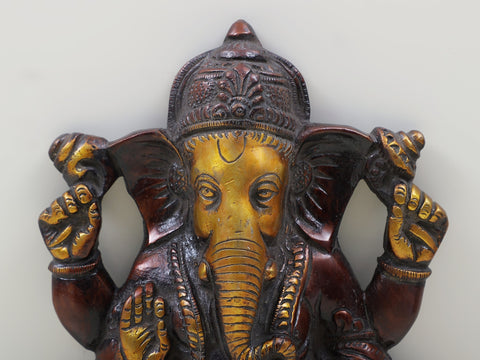 10" Brass Lord Ganesha Seated On Lotus Wall Hanging