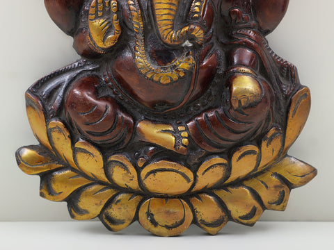 10" Brass Lord Ganesha Seated On Lotus Wall Hanging