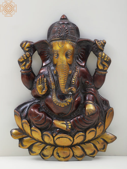 10" Brass Lord Ganesha Seated On Lotus Wall Hanging for Pooja