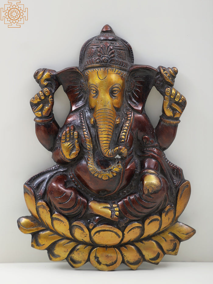 10" Brass Lord Ganesha Seated On Lotus Wall Hanging for Pooja