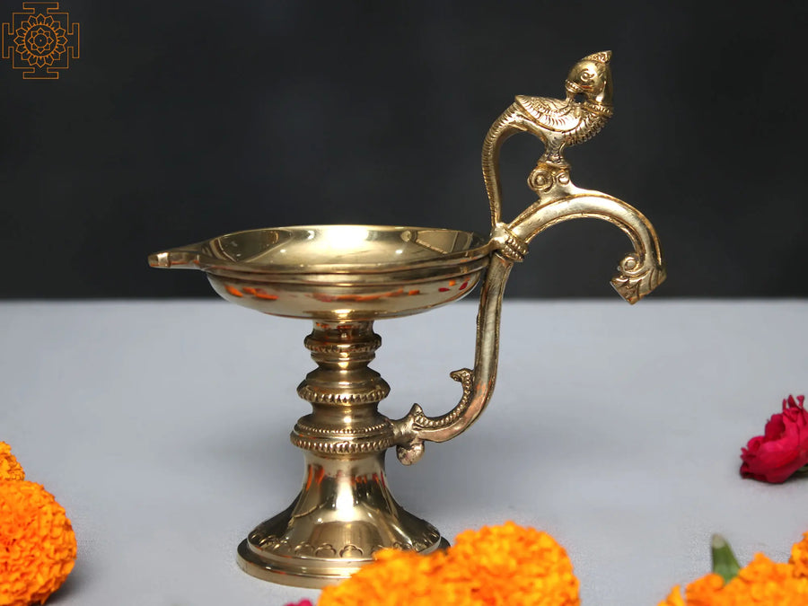 6" Brass Parrot Handle Diya for Pooja
