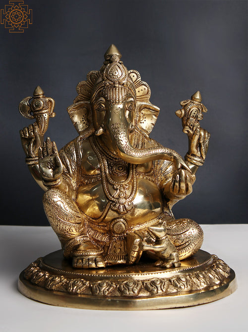 11" Brass Lord Ganesha Seated Statue with Pedestal Base