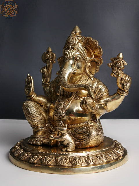 11" Brass Lord Ganesha Seated on Pedestal